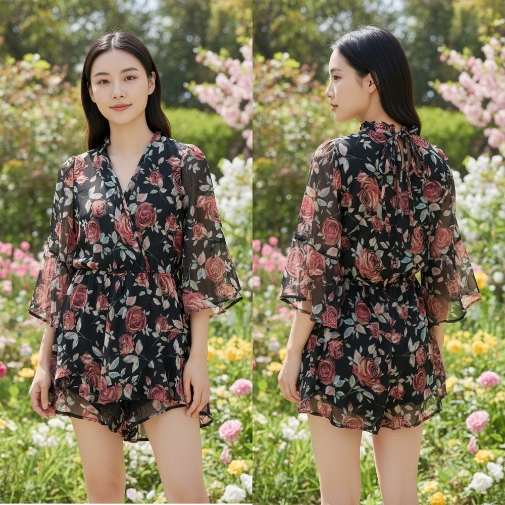 Band‎ of Gypsies Romper Women Large Floral Ruffle Bell Sleeve Boho Whimsigoth